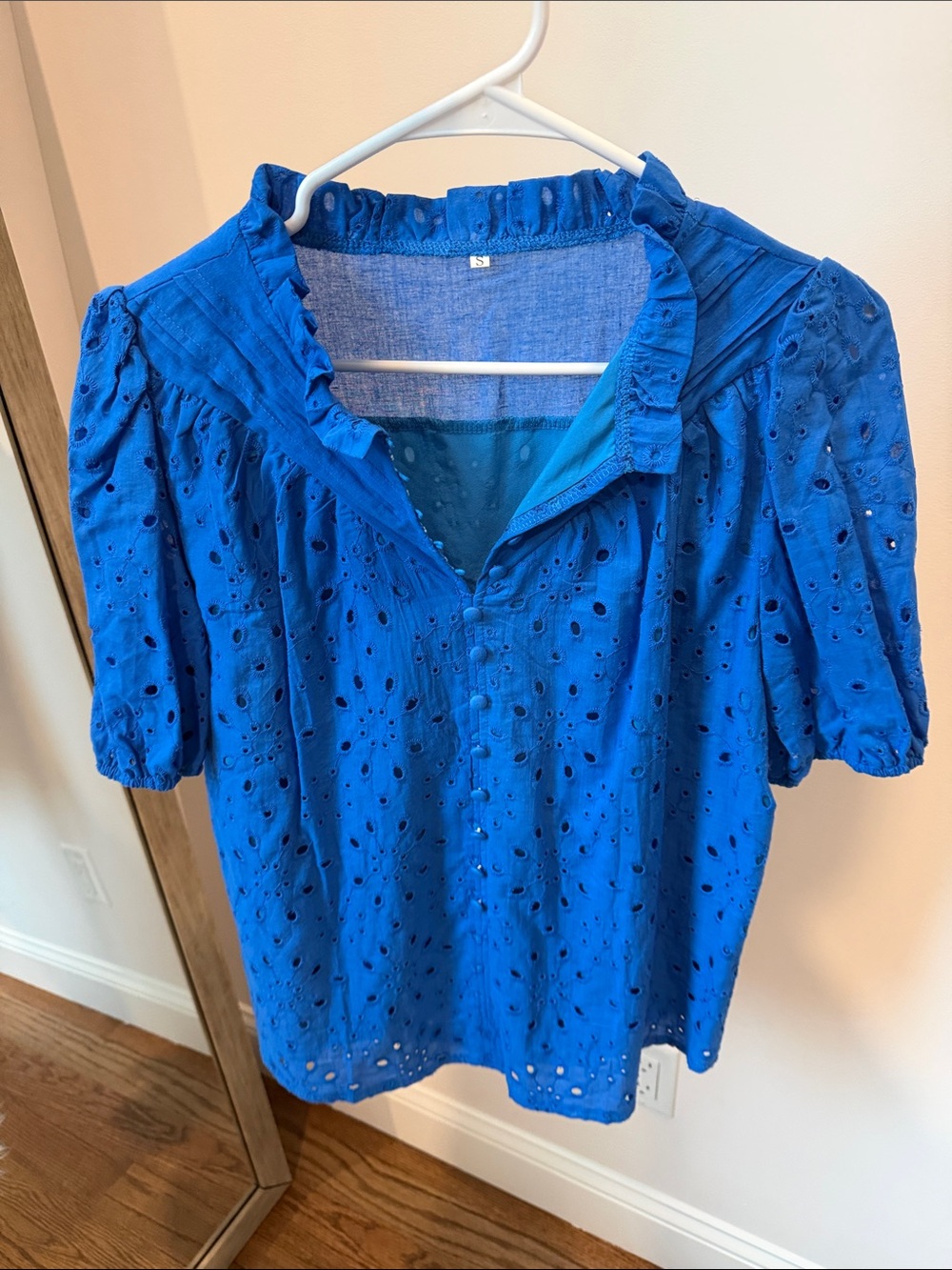 Women's Royal Blue Eyelet Ruffle Collar Blouse